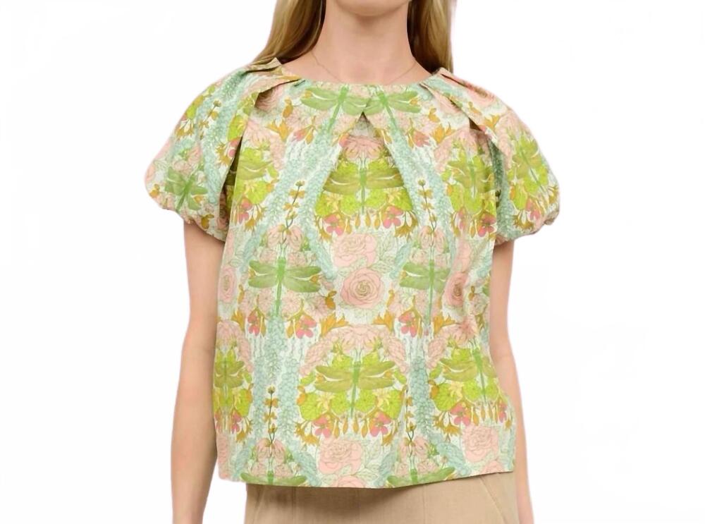 NEW IVY JANE print pleated neck top in green